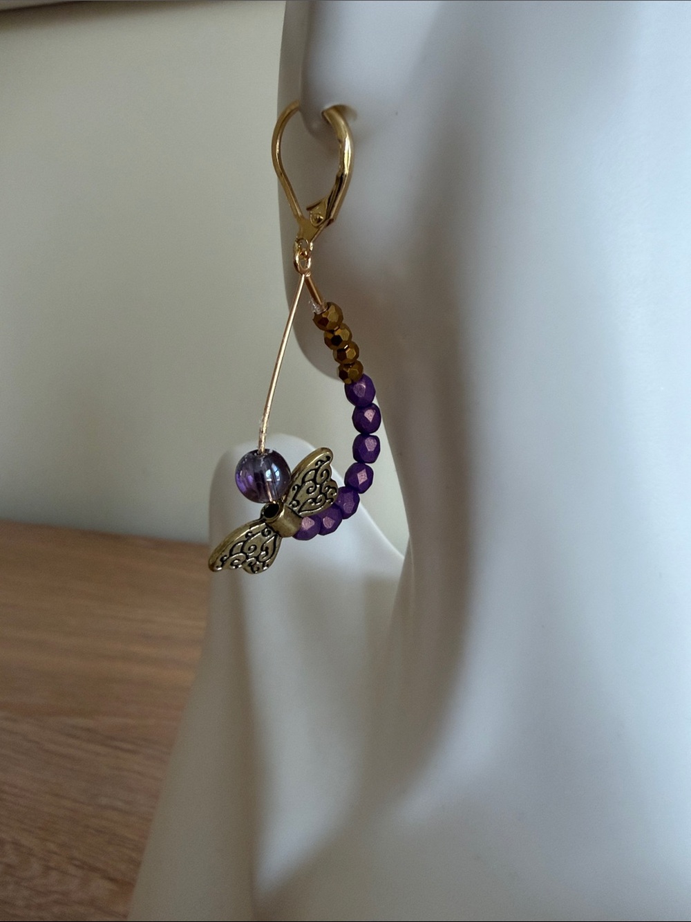 HAND CRAFTED WHIMSIGOTH DRAGONFLY TEARDROPS EARRINGS Purple & Gold Fairycore - Picture 6 of 9